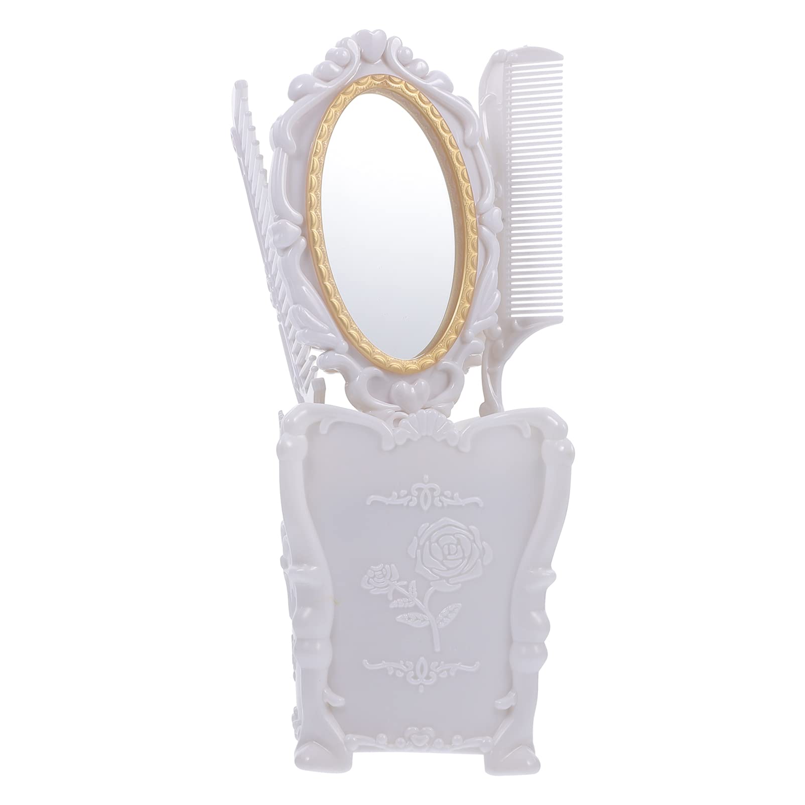 Minkissy 1 Set Hair Brushes Comb Set Vintage Hand Mirror Comb Set Girls Cosmetic Wide Tooth Comb Handheld Mirror with Holder for Personal Hair Salon White