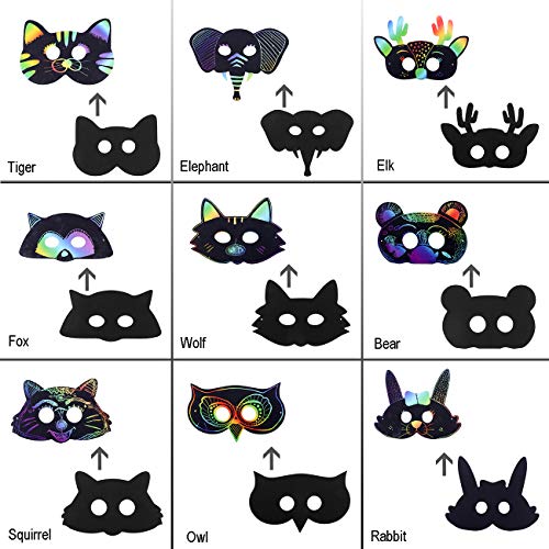 Fashionclubs Scratch Art Paper Rainbow Scratch Animal Masks,Owl Rabbit Tiger Wolf Bear Squirrel Fox Elk Elephant 36pcs Magic Scratch Paper Masks with Elastic Cords&Wooden Styluses for Kids Dress Up Costume Party Favors