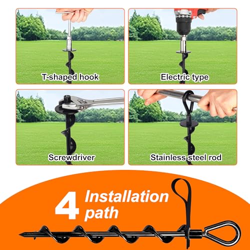 36cm Ground Anchor, Steel Screw On Pegs, Heavy Duty Ground Anchors for Trampoline, Tents, Swings and Camping, Rustproof Tent Pegs for Outdoor Fixing,4