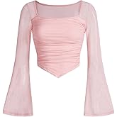 Floerns Girls Bell Long Sleeve Square Neck Asymmetrical Hem Mesh Ruched Crop Tops Tees
