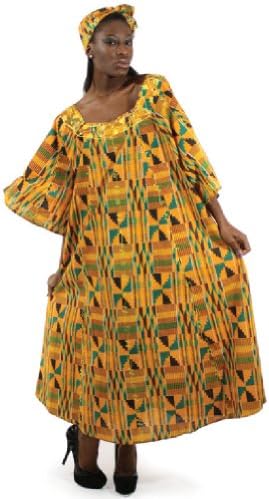 Kente Cloth Pattern Umbrella Dress with Head Wrap - One Size Fits Most