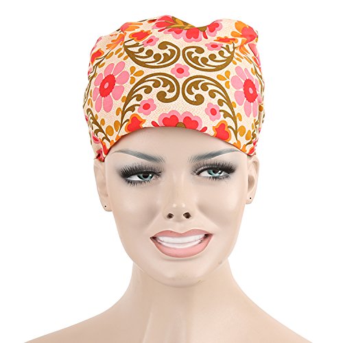 JoyRing 4 Pack Unisex Adjustable Surgical Hat Scrub Cap with Sweatband for Ponytail and Free Reusable Cotton Mask, One Size Fit Most