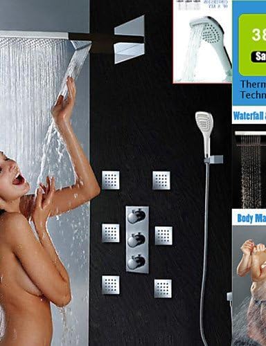 Ling@ Shower Tap Thermostatic Bathroom Shower Faucet, Stainless Steel 304 Brushed Rain And Waterfall Shower Head With Massage Spray Jets