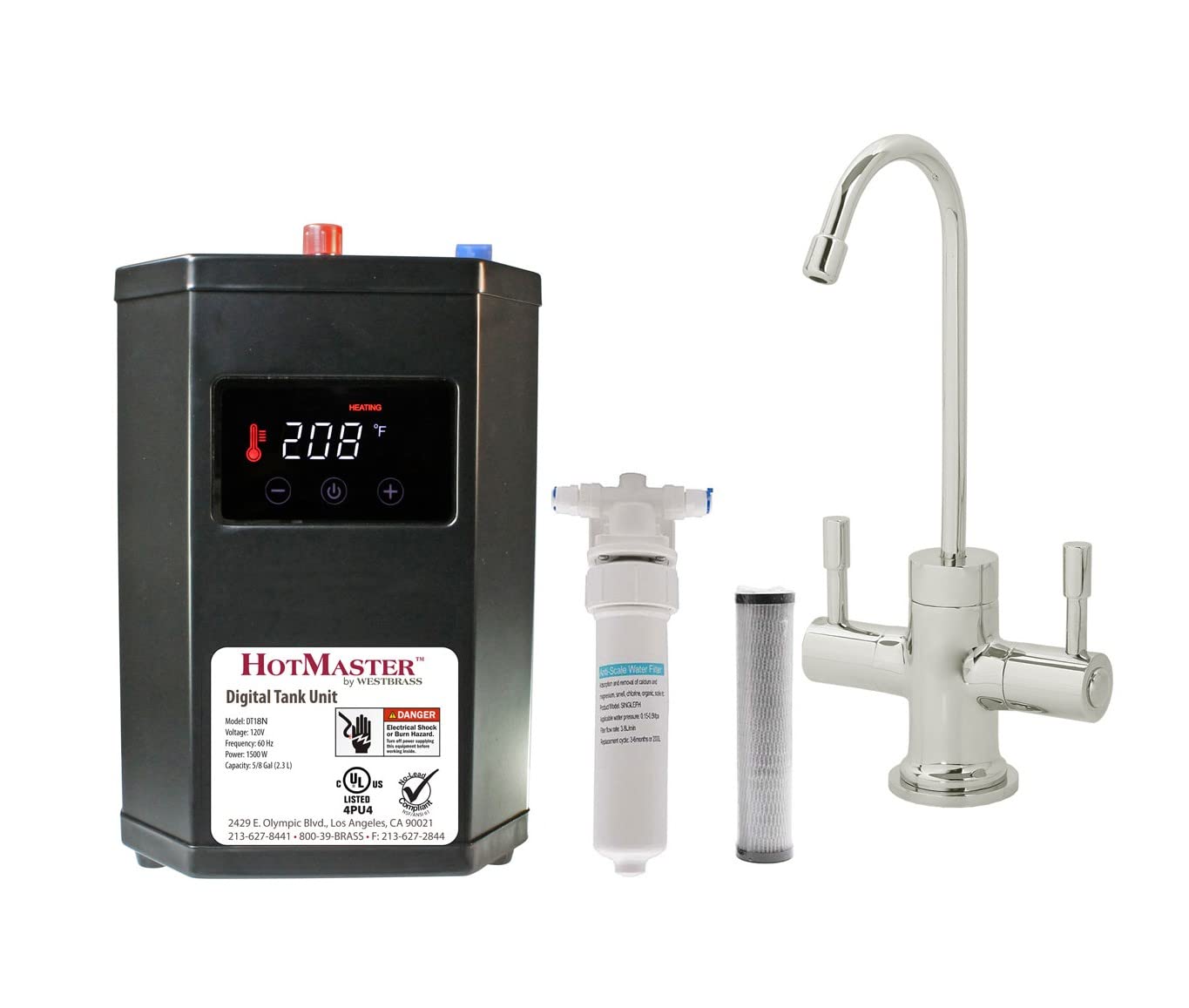 Westbrass DT1F2051-05 Contemporary 10 in. Hot and Cold Faucet with HotMaster DigiHot Digital Tank System Water Dispenser, Polished Nickel