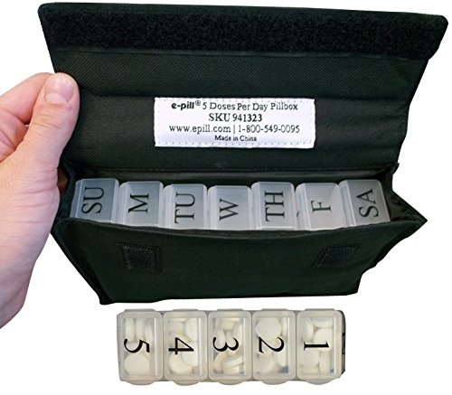 e-Pill | 5 DOSES Pillbox | Pill Dispenser Organizer System | 5 Daily Doses x 7 Days | Discrete Canvas Bag Organizer (Black), for Home, Office or Travel