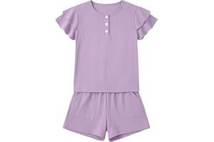 Girls 2 Piece Short Set 5‐14Y Kids Summer Outfit for Girl Ruffle Short Sleeve T-Shirt Elastic Waist Shorts with Pocket Beach