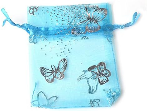 100 PCS Organza Gift Bags Wedding Party Favor Jewellery Chiffon Packing Pouches, YFZYT Net Yarn Organza Bags with Butterfly Parttern Bronzing Design for Party Wedding Favor Gift - 17*23cm, Lake Blue B
