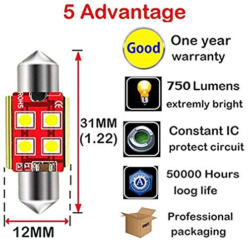 Shangyuan 31mm(1.22inch) Marine LED Bulb Replacement Festoon Bulbs for Navigation Light Boat Anchor Light Starboard Light Bow Light Running Lights 750 Lumens Extremely Bright White 12v-24v (pack of 2)