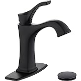Matte Black Bathroom Faucet 1 Hole, Sanliv Single Handle Bathroom Sink Faucet, Modern Black Vanity Faucet with Deckplate & Pop-Up Drain for One or 3-Hole Farmhouse Sinks