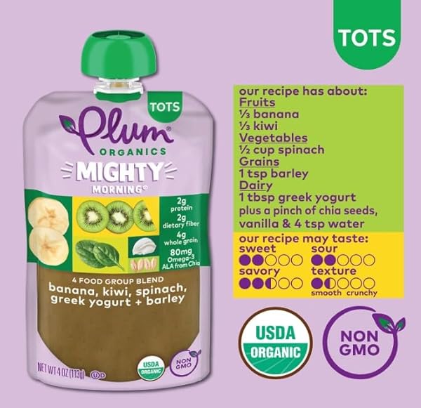 PLUM ORGANICS MIGHTY MORNING ORGANIC TODDLER FOOD – BANANA, KIWI, SPINACH, GREEK YOGURT, AND BARLEY – 4 OZ POUCH (PACK OF 6) – ORGANIC FRUIT AND VEGETABLE TODDLER FOOD POUCH