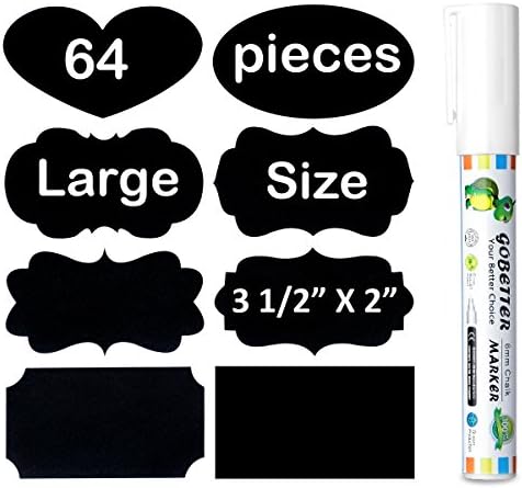GoBetter Chalkboard Labels - Unique Designs 64pcs Large Size Stickers with 1 Liquid Chalk Marker - Reusable, Removable and Waterproof Lables for Jars, Bottles, Canisters, Containers, Pantry Storage
