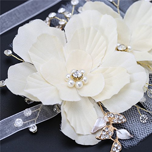 Bridal Headpiece, FANGZHIDI Wedding Hair Accessories, Floral Leaf Vine Pearl Rhinestone Jewelry Crown with 2 Ribbons, Best Gift for Girl-friend Women, Suit for Performance,Party, Photograph (Gold) - Thumbnail 5