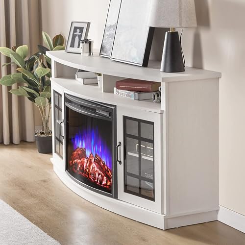 Jocisland Curved Fireplace TV Stand with 26'' Electric Fireplace, Media Entertainment Center Farmhouse Glass Door Storage Cabinet, Open Shelve Console Table for TVs up to 65'', Distressed White