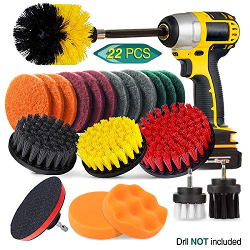 22 Piece Drill Brush Attachment Set, JUSONEY Power Scrubber Drill Brush Kit, Scrub Brush With Extend Long Attachment, Scrubing Pads Cleaning Kit For Tile Sealants, Bathtub, Sinks, Floor, Wheels, Carpe