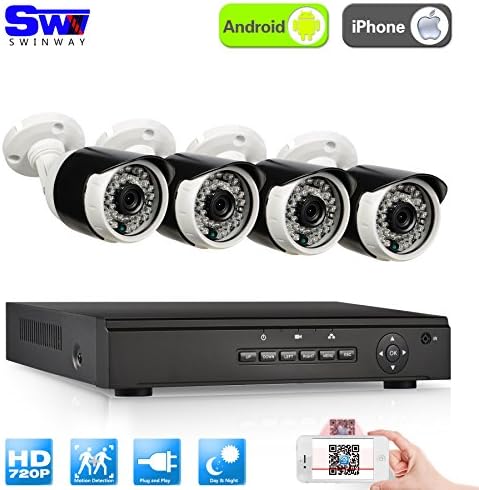 SW Swinway 4CH 720P HD PoE Security Camera System, 4 x 1.0Megapixel Outdoor IP CCTV Camera Support Smartphone Remote View NO Hard Drive