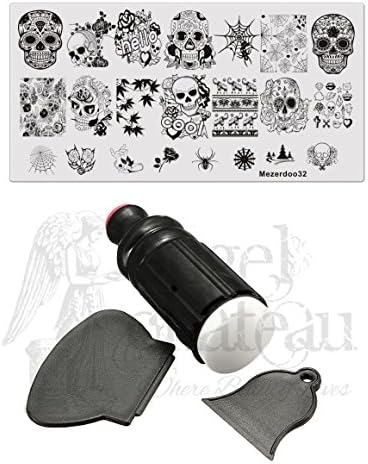 Nail Stamping Plate + XL Stamper + 2 Scrapers Halloween Design Skull Flower Web Spider
