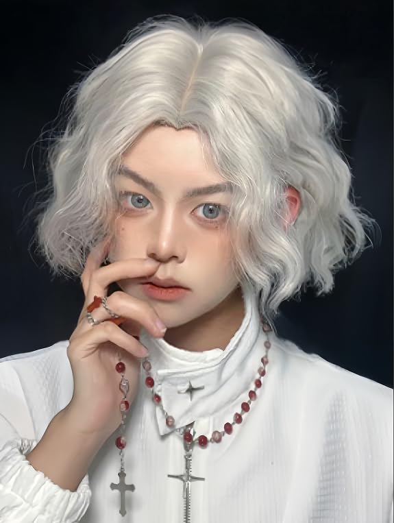 Siudus Mens Grey Short Curly Wig Silver Anime Natural Middle Part Cosplay Costume Party Wigs for Male Guys — image 1