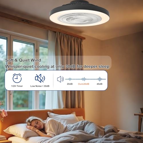 Depuley Recessed Ceiling Fan: 20 inch Discreet Ceiling Fans for Bedroom with Lighting - Application and Remote Control Black Bladeless Fan for Kitchen