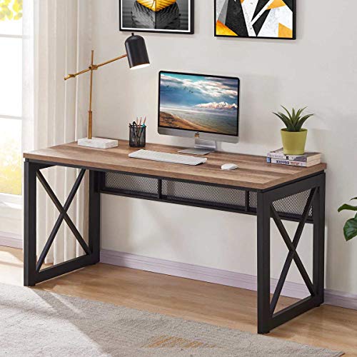 BON AUGURE Industrial Home Office Desks, Rustic Wood Computer Desk, Farmhouse Sturdy Metal Writing Desk (60 Inch…