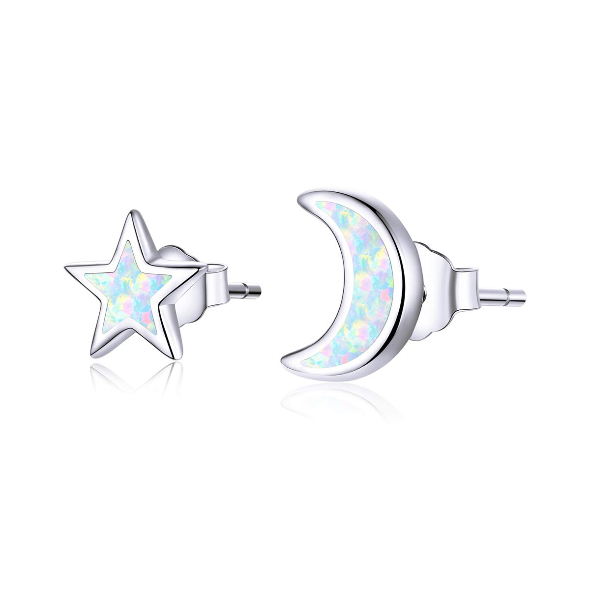 Qings Star Moon Moonlight Stud Earrings Sparkle Opal Changeable Color 925 Sterling Silver for Women and Girls