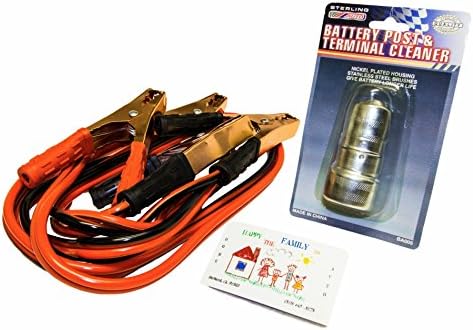 Battery Jumper Cables w Post &amp; Terminal Cleaner Bundle For Roadside Emergencies | 8ft Booster Cables | 150 AMP | Color Coded | 2-in-1 Stainless Steel Wire Brush Corrosion Remover Tool