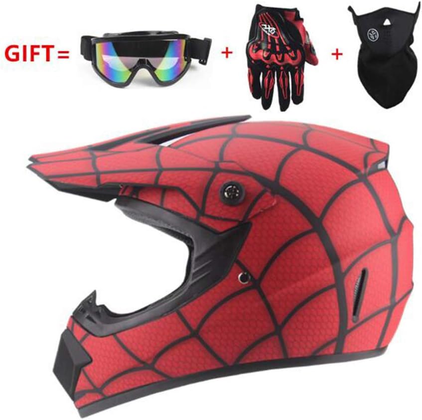Sunzy Dirt bike helmets teen mini lightweight spider full face kids helmet four seasons unisex/DOT approved red,M