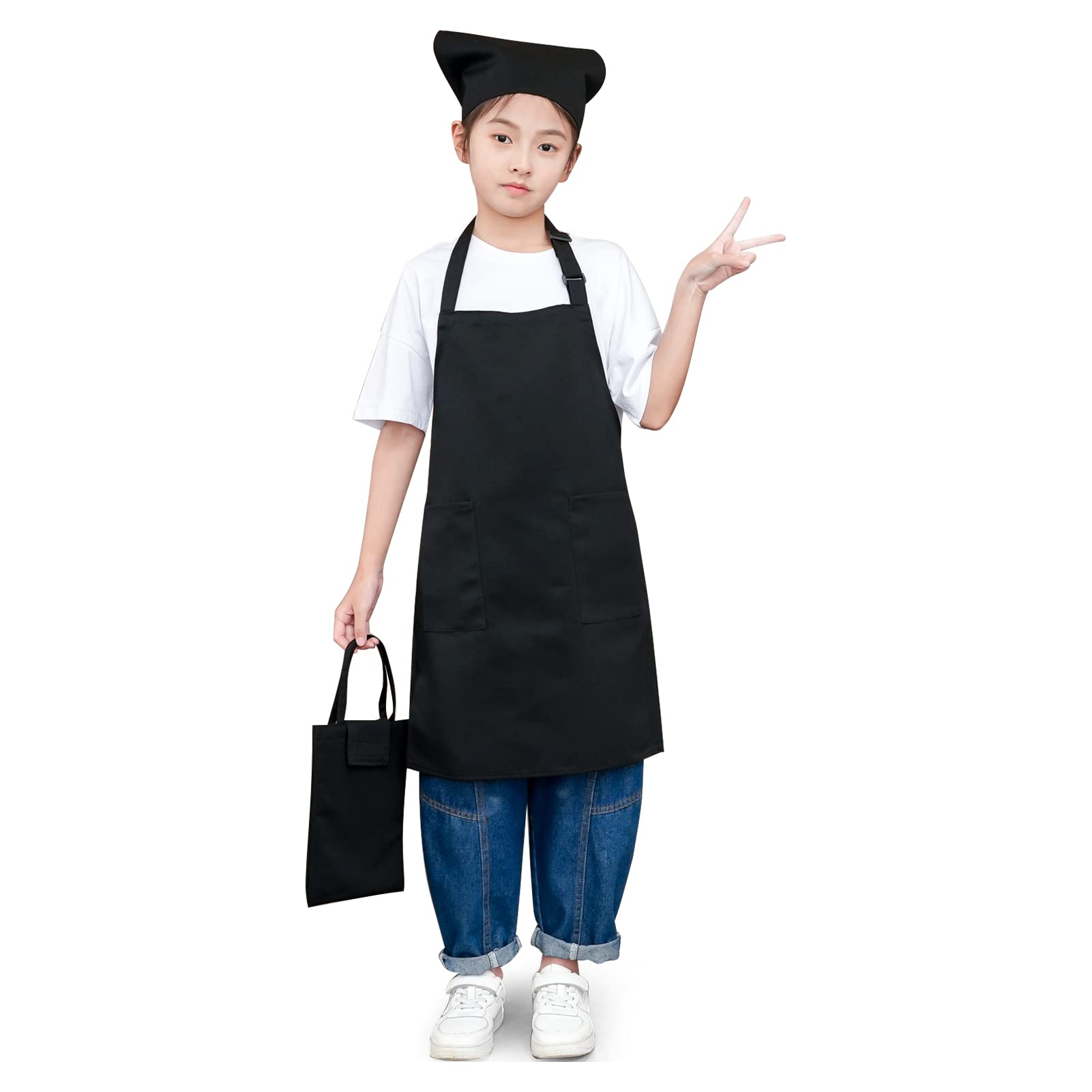 [cozycube] エプロン子供用 キッズ用エプロン 三角巾 巾着バッグセット しわになりにくい 小学生 無地 シンプル 着脱簡単 収納バッグ付き 男女兼用 色落ちしない ホコリ付きにくい (M, ブラック) の商品画像