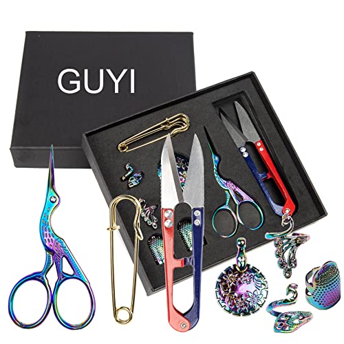 GYGYL Embroidery Scissors Kits, Vintage Scissors, Sewing Small Snips, Thimble, Safety Pins, Thread Cutter, Crochet Ring, Complete Sewing Kit for Embroidery, Needlework (Colorful)