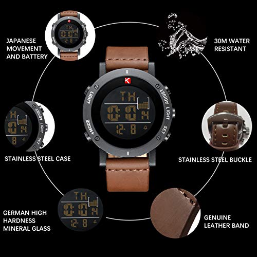 Mens Watches Man Digital Military Waterproof Sports Chronograph Watch Multifunction LED Day Date Calender Alarm Fashion Cool Casual Designer Leather Wrist Watches for Men Boys Teenagers