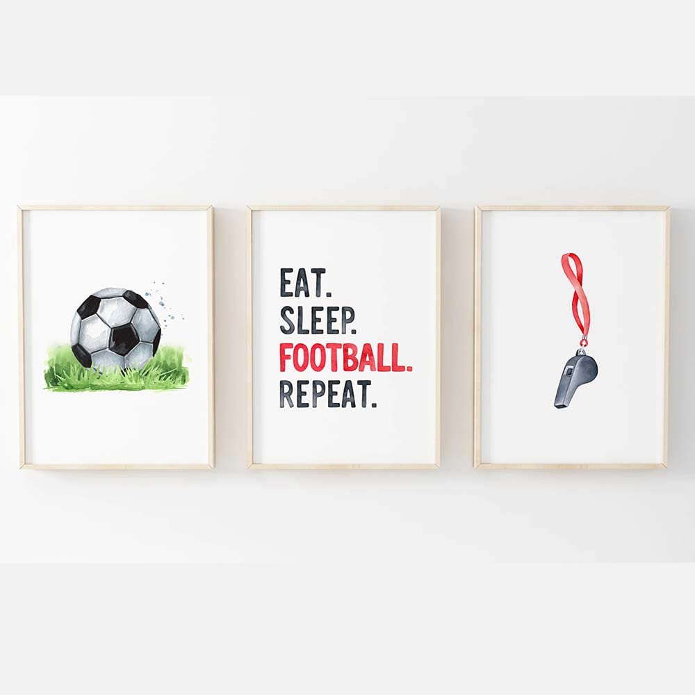 Boys Football Poster Prints Wall Art | Football Accessories Bedroom | Children's Artwork | Set of 3 - [Frames Not Included] (5x7 Inch, Red)