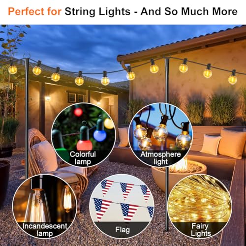 6 Pack String Light Poles for Outside, Upgraded Heavy-Duty Metal Poles for Outdoor String Lights with Fork, Adjustable Lighting Hanging Accessories for Patio Decor Pergola Backyard Garden Decorations