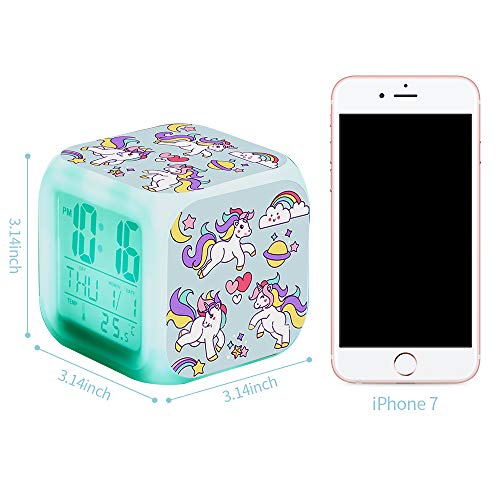 TCJJ Einhorn Wecker für Mädchen,Wecker Digital mit LED Nachtlicht Beleuchteter Anzeige Zeit Datum Temperatur Anzeige Einhorn Muster (Grün)