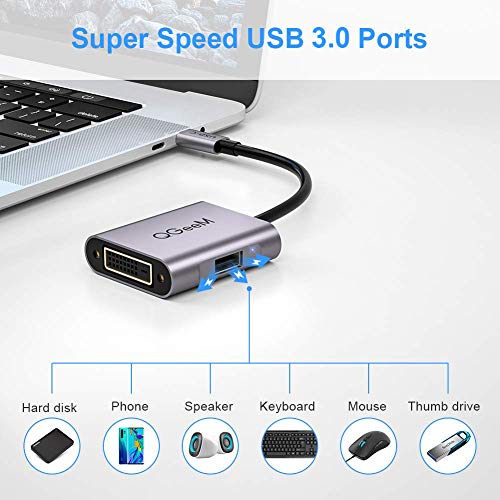 USB Type C(Thunderbolt 3) to DVI Adapter, QGeeM USB C to DVI Adapter Male to Female Converter