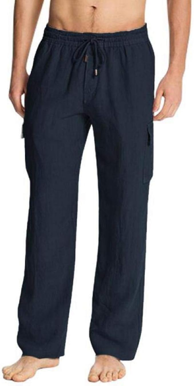 Shuangklei Men Casual Cotton Linen Cargo Pants Drawstrintg Elastic