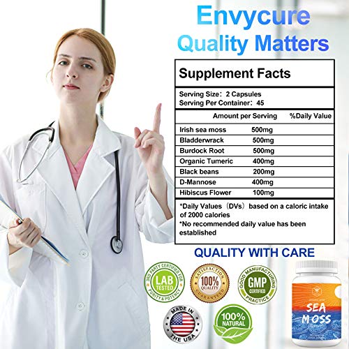 Irish Sea Moss Capsules Organic Bladderwrack Burdock Root for Women & Men Seamoss Supplements Improved Absorption with Turmeric, Non-GMO, Vegan, No Fillers, Per Over 2400Mg 60 Capsules