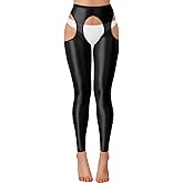 ChiaoLezhee Sexy Shiny Leggings For Women, Sheer High Waisted, Shimmer Sparkly Glossy Rave Party Pants Suspender Pantyhose