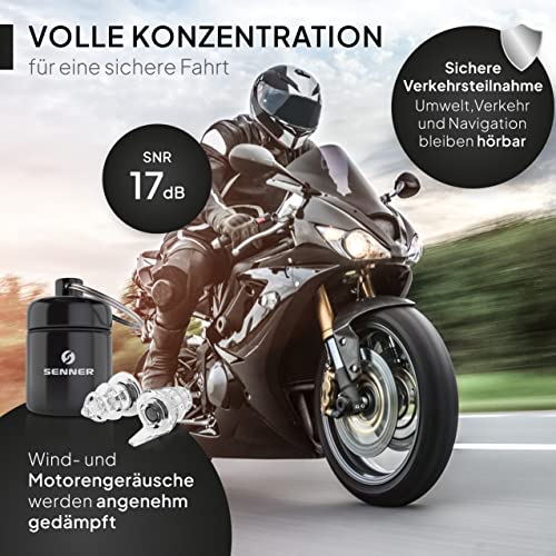 Senner MotoPro Ear Protection Ear Plugs for Motorbike and Motorsport, Very Easy to Carry and Quiet, Reduces Wind Noise, Traffic Stays Audible, with Aluminium Case, Reusable