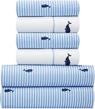 Hidden Retreat Nautical Summer Ocean Coastal Print Embroidered 6-Pc. Bed Sheet Set (Queen, Blue Whale Stripe)
