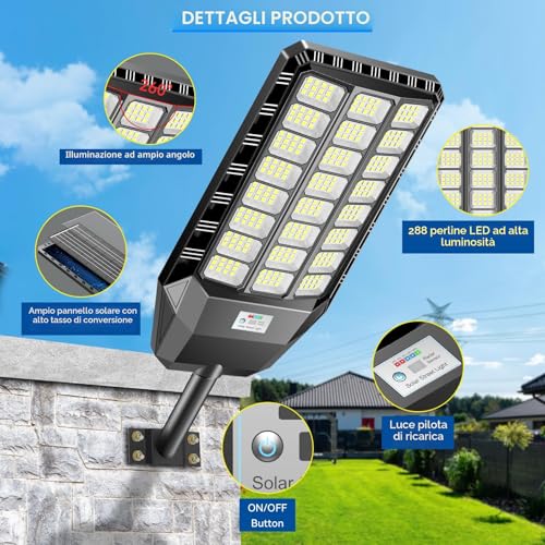 Adewalk 2000 W Outdoor LED Solar Street Light with Remote Control, IP66 Waterproof Solar Street Light with Motion Sensor, 6500 K Super Bright Outdoor Solar Garden Lights for Garage Road