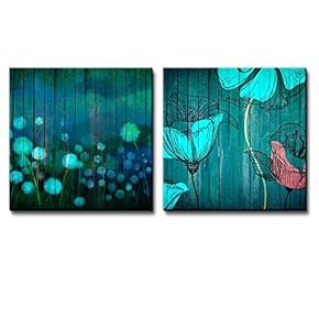 Watercolor Field of Dandelions Along with Illustration of Flowers Over Teal Wooden Panels - Canvas Art Home Art - 12x12 inches