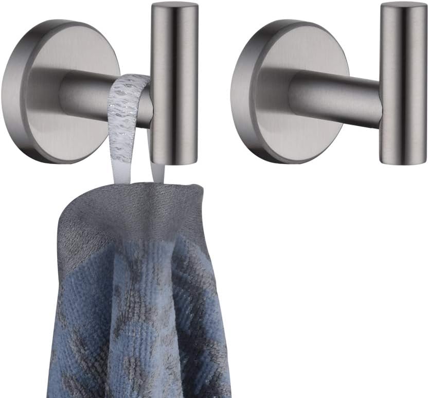 JQK Bathroom Towel Hook, Coat Robe Clothes Bath Wall Hooks for Kitchen Garage, 2 Pack Brushed Finish, TH100-BN-P2 - - 