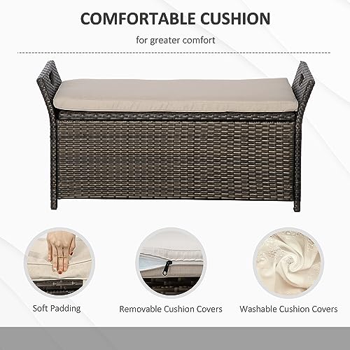 Outsunny 2-in-1 Patio Wicker Storage Bench, 29 Gallon Outdoor PE Rattan Patio Furniture, Large Capacity Rectangle Basket Box with Handles and Cushion, Cream White