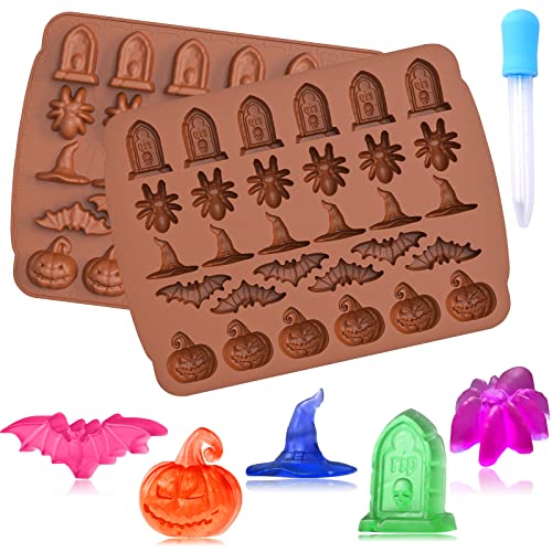 AIERSA Halloween Candy Gummy Molds, 2 Pcs 30 Cavity Halloween Molds Silicone with 1 Pcs Dropper for DIY Halloween Gummies, Candy, Jelly, Chocolate, Jello