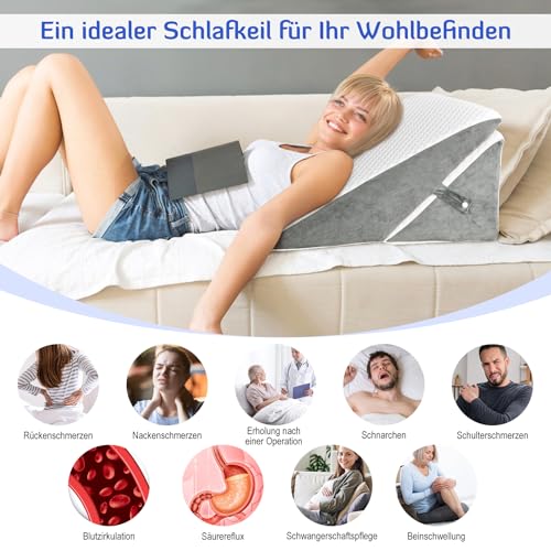 Adjustable Wedge Cushion, High Density Foam Reading Cushion for Bed and Sofa, Ergonomic Pillow, Bed Wedge for Reflux Sleep Apnea, Leg Cushion, Perfect Back Cushion when Playing, Reading (White & Grey)