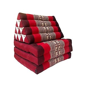 Collumino® Traditional Thai Kapok 3 Fold Meditation Mattress with Oriental Style Triangle Recliner Cushion for Yoga Massage or Relaxation (Red with Elephants)