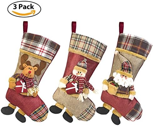 3PCS Christmas Stocking, 49cm Xmas Gift Candy Toys Stockings 3D Figure Santa Claus, Snowman, Reindeer Ideal Christmas Holiday Festive Hanging Decoration