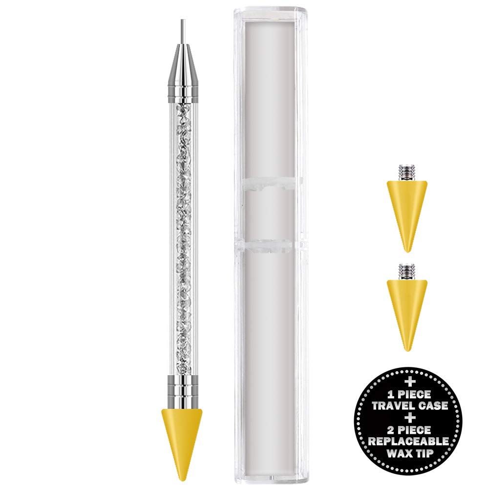 Wax Nail Rhinestones Picker Pencil and 2 Pack Wax Replacement Tips Dual Ended Nail Art Design Dotting Pen Studs Picker Crystal Beads Acrylic Handle Stainless steel and Wax Double Head with Travel case