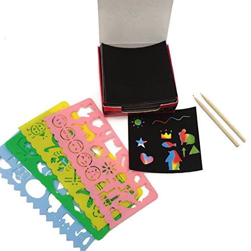 DoTebpa 100 Count Scratch Art papers,Rainbow Art Scratch Boards with Two Wooden Stylus and 4 Drawing Template Stencil Rulers For Kids Of All Ages