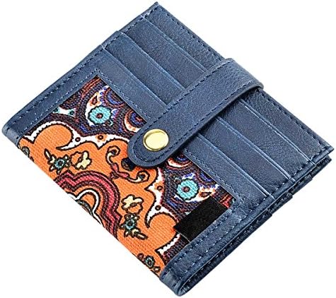 Bifold Mini Wallet Case for Women or Men, Leather with Canvas Credit Card Holder,Slim Design Fits in Front Pocket, Holds 12 Cards