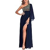 YHHOWEP Women's Formal Evening Gowns Dress Long One Shoulder Sparkly Sequin Chiffon Split Cocktail Wedding Guest Ball Dresses